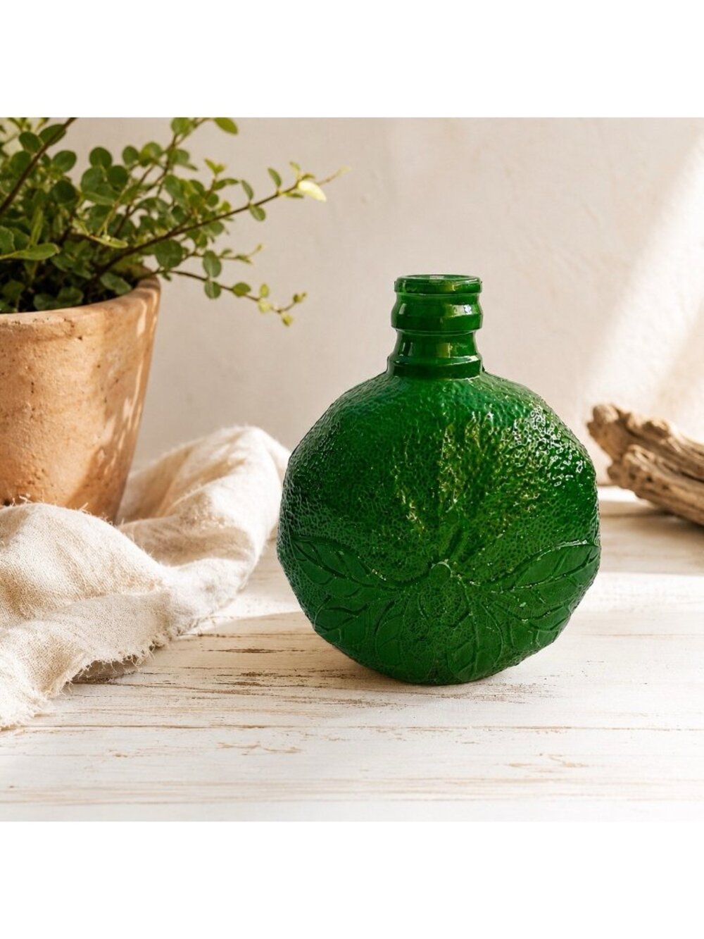 Vintage Textured Painted Floral Green Glass Bottle Vase Cottage Country